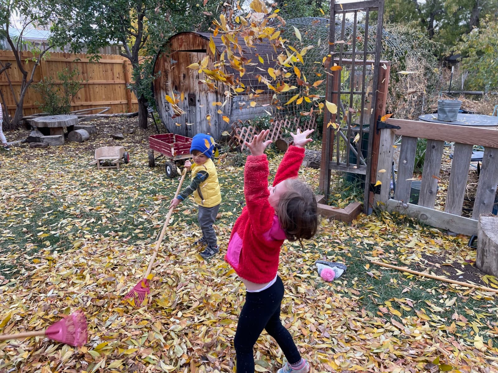A child flinging an armful of golden leaves while a friend rakes